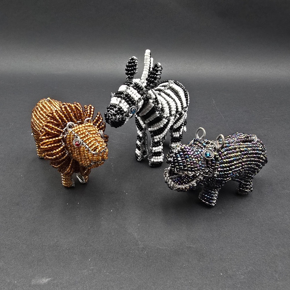 African Wire Bead Animal Figurines Set Lion Zebra Hippo Safari Folk Art 3pc - Picture 7 of 12